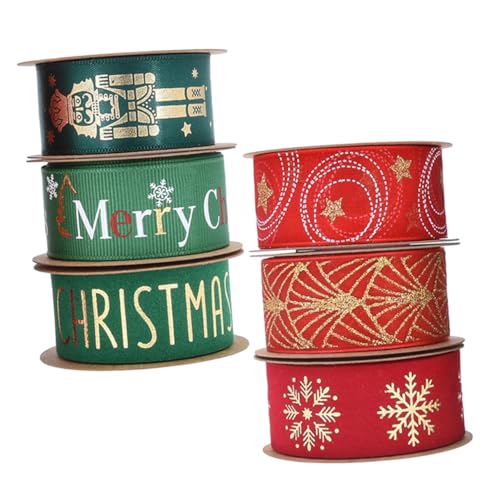 AKOOSY 6 ロールクリスマスラッピングリボン巻 柔軟で耐久性のある生地製 ゴールド箔仕上げで華やかなホリデークラフトに プレゼント包装 手