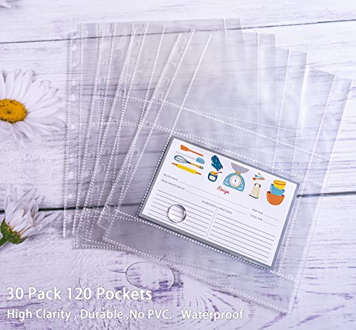 30 Pack 120 Pockets 4X6 Recipe Card Sleeves,3 Ring Binder Recipe Card Protector Pages,Double Sided 2 Pocket Refill Sheets For Recipe Book, 8.5X11 Inch Top Loading Clear Sleeve Sheets #TOP1