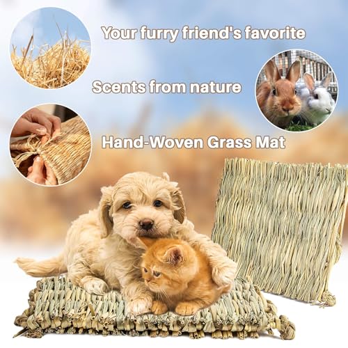 Sukh 2 Pcs Rabbit Grass Mats - Natural Hay Woven Bunny Rabbit Bad Cage Mats Pet Bedding Cooling Sleeping Nesting & Toys For Hamster Bunny Chinchilla Guinea Pig Mouse Bird And Other Small Animal thumb #1