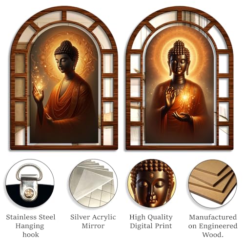 Image of Sehaz Artworks Buddha Mirror Jharokha Wall Decor for Living Room- 40x30 CM