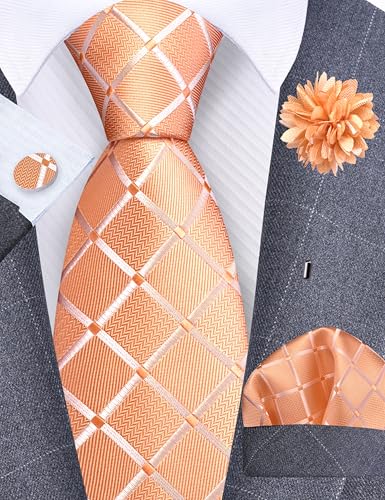 Image of GUSLESON 3.15 inch(8cm) Mens Tie and Lapel Pin Plaid Checkered Necktie Hankerchief Cufflinks Set for Men