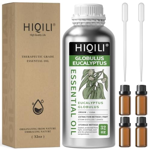 Image of HIQILI Eucalyptus Essential Oil for Spray, Diffuser & Skin | with Four Travel Vials, Massage and DIY Creations, Diffuse for a Clear Surrounding -1000ml / 32 fl oz