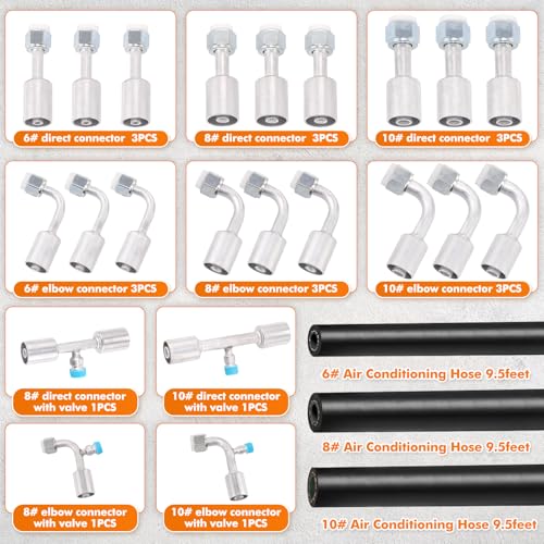 Image of 26PCS 9.5ft Air Conditioning Hose and Fitting Kit Includes 9.5ft #6#8#10 AC Hoses and #6#8#10 AC Fittings and pipe cutter not for heavy duty truck