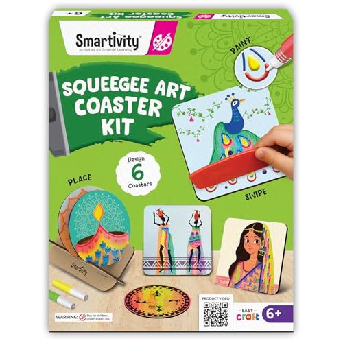 Image of Smartivity Squeegee Art Coaster Kit for Kids 4-8 Years - DIY Paint Pouring & Swirl Art Craft Activity - Make 6 Colorful Coasters - Creative Birthday Gift for Boys & Girls