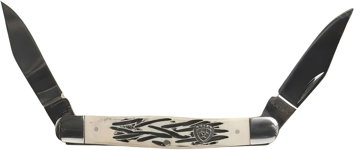 ARIAT Large Muskrat Folding Knife, Tan Wood Handle w/Shield - Two Blades