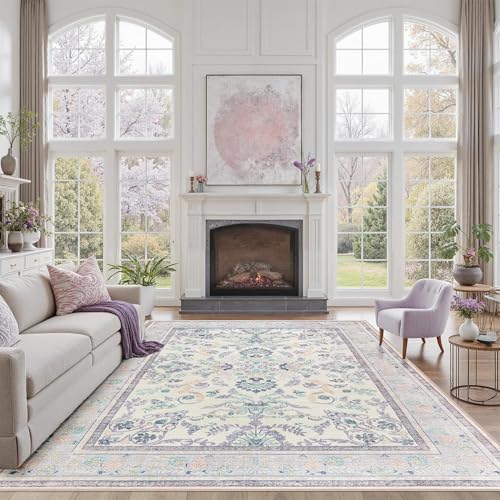 DCX Purple Floral 8x10 Area Rugs for Living Room, Machine Washable Large Soft Boho Non-Slip Botanical Rug for Bedroom Dinning Room Kitchen Flowers Playroom Nursery Carpets 8' x 10' (Rectangu