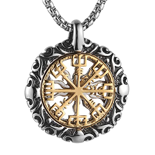 HZMAN Viking Vegvisir Norse Compass Stainless Steel Necklace Double-Sided Hollow Engraving Sun Totem Pendant Norse Amulet Jewelry