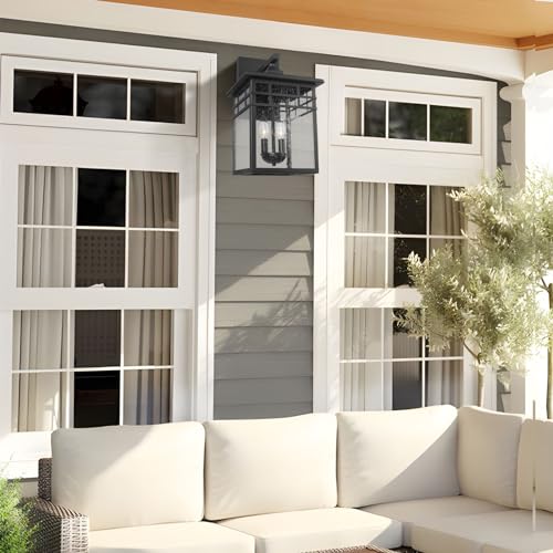 Image of Outdoor Light Fixture Wall Mount, Black Exterior Light Fixture Wall Sconces with Seeded Glass for Front Porch, Large Waterproof Outdoor Square Wall Lantern Outside for House Doorway