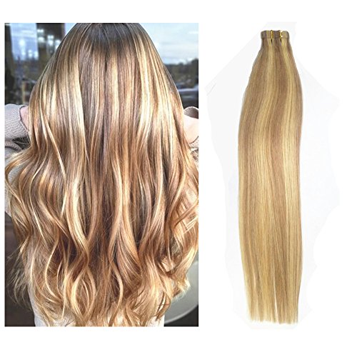 TheFashionWay 16-24 inches Brazilian Human Hair Extensions Tape in Silky Straight Weft Remy Virgin Hair (16 inches, 12-613)