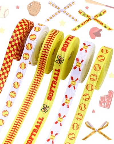 Liobelon Softball Ribbon 6 Roll Set 3/8 Inch x 30 Yards Grosgrain Craft Ribbon with Softball Patterns for Gift Wrapping Team Awards Wreath Making and DIY Projects