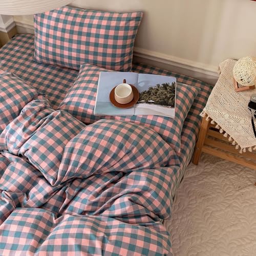 Image of mixinni Plaid Duvet Cover Set Queen Purple - Soft Washed Cotton Modern Geometric Bedding Set with 2 Pillowcases, Pink Blue Gingham Grid Queen Duvet Cover for Men & Women, Soft & Lightweight