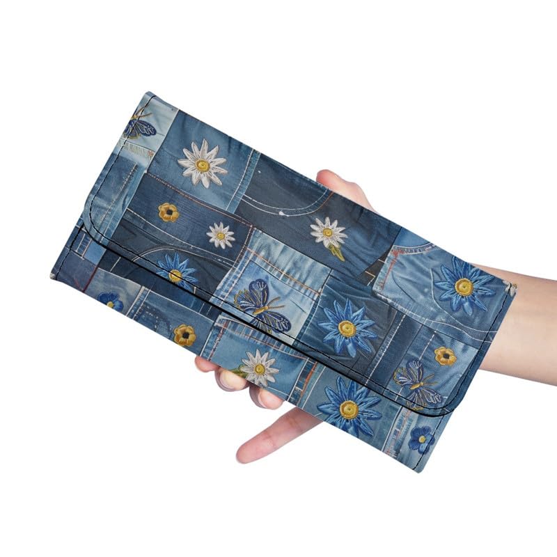 Novelty Jeans Print Womens Wallets Leather Clutch, Vintage Denim Block Patch Design Long Wallet for Women Blue Credit Card Holder with Coin Purse ID Window3