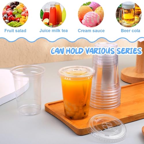 Image of 10 Oz 50 Set Clear Plastic Cups with Flat Lids, Iced Coffee Cups