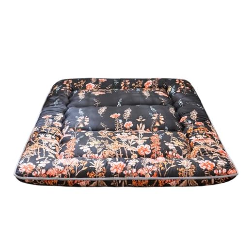 Black Floral Japanese Futon Floor Mattress, Bed Mattress Topper Portable Thick Sleeping Pad Floor Bed Roll Up Camping Mattress Folding Couch Bed Mattress Pad for Guest Room, Full Size