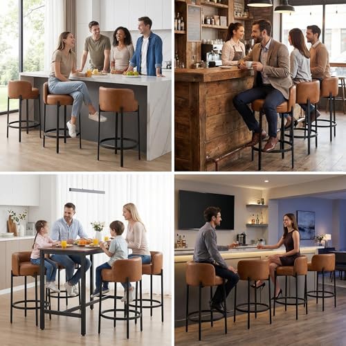 Image of LukeAlon Modern PU Leather Counter Height Stools Set of 4, Upholstered 26 inch Seat Height Barstools with Black Metal Legs Round Low Back Kitchen Stools with Footrest for Dining Room Small Places, Brown