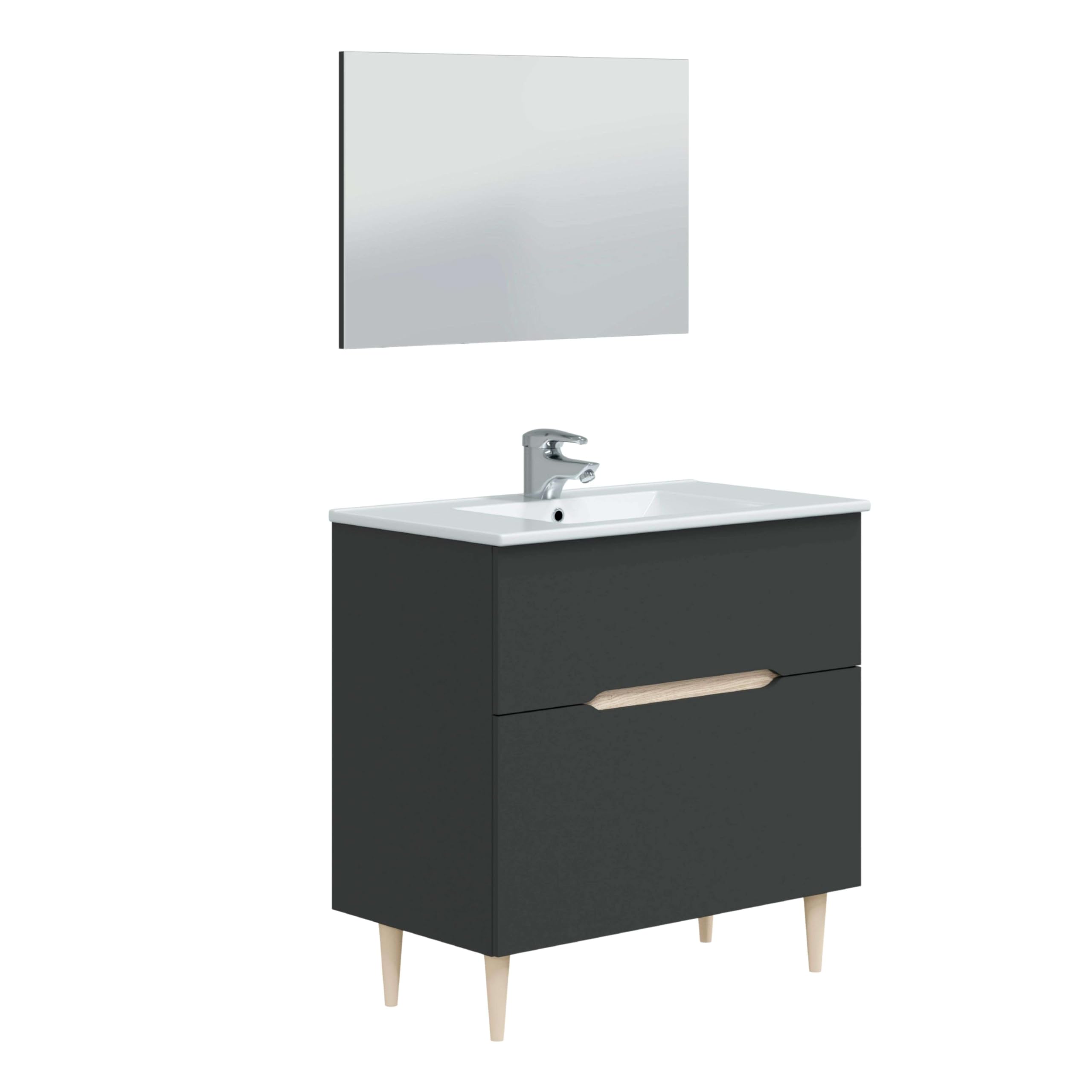 Miroytengo Mueble de Baño con Espejo y Lavabo Lotto Color Gris Antracita y Roble Claro 80x45x80 cm