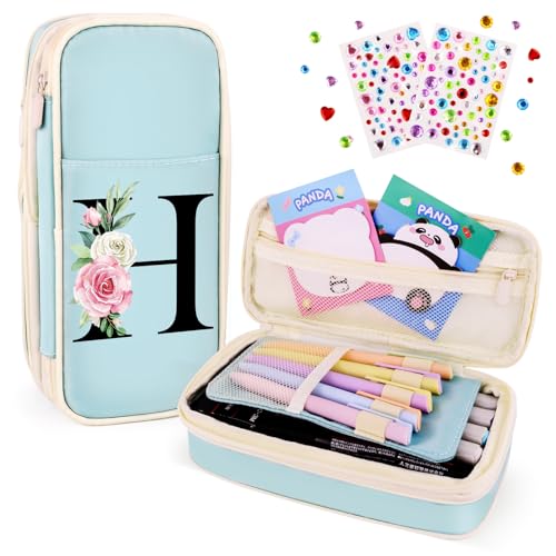 Image of Preppy Pencil Case for Girls, Cute Large Pencil Pouch, Personalized Initial Pencil Bag with Zipper for School College Office Supplies, Back to School Supplies Gifts for Teen Girls (H, Blue)