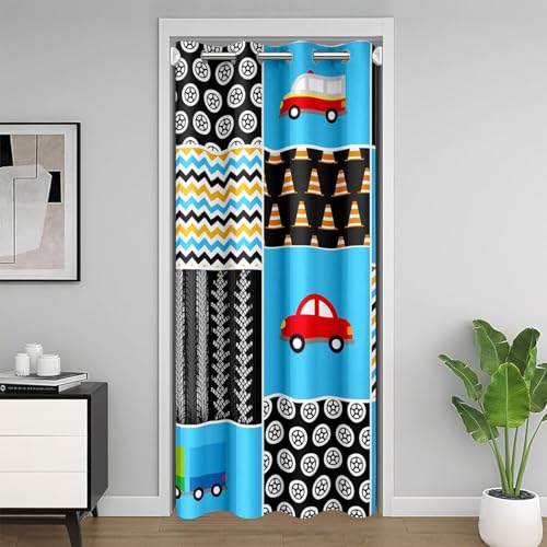 Homemissing Cartoon Petite Voiture Rideau Occultant Rideaux Taxi Modèle Roues Ligne de Ruban Rideau de Porte 86x203cm Incendie Camion Bleu Noir Rideaux...