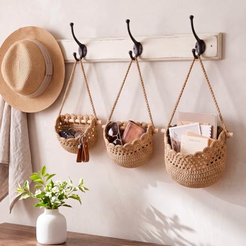 Image of Honeydak 3 Hanging Baskets, Dark Brown, Lace, Cotton Rope