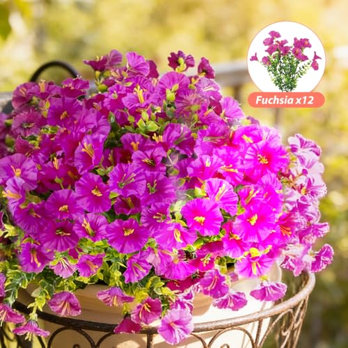Image of 12 Bundles Artificial Flowers for Outdoors,Silk Morning Glory (Fuchsia)