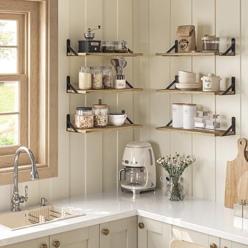 Image of YGEOMER 16.5 Inch Floating Shelves for Wall, Farmhouse Wall Shelves for Bedroom, Bathroom Storage, Living Room and Kitchen Decor (Set of 6 Light Brown Color)