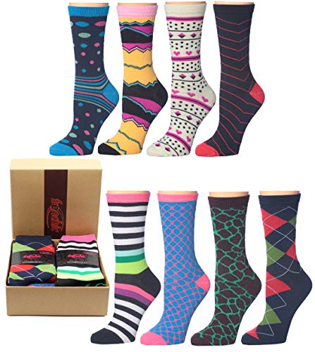 Frenchic 8 Pairs Women Colorful Patterned Fashion Crew Socks Gift Ready In a BOX (8 Pack #6)
