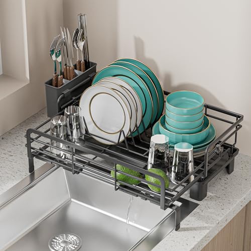 Small Dish Drying Rack - Extendable Dish Rack for Kitchen Counter, Rustproof Dish Drainers with Utensil Holder, Perfect for Apartments, RVs and Small Spaces,16.5" D x 7.5"-12.5" W x 6.5" H by SILUB - Used condition - US$27.08