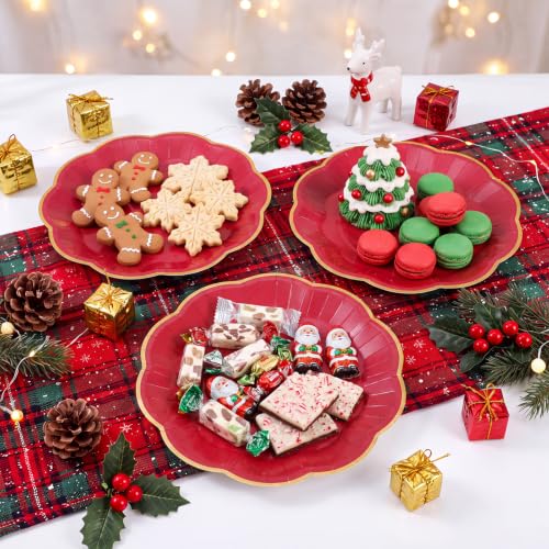Image of 30 Pcs Red Plates with Gold Trim 9 Inch Scalloped Red Paper Dinner Plates