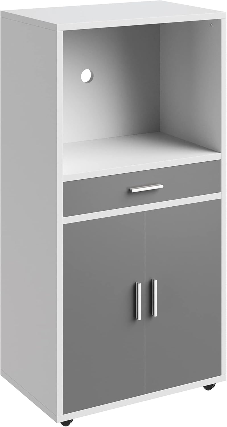 White and Gray Wood Microwave Stand with Storage and Wheels