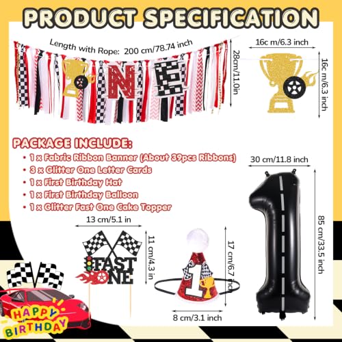 Image of Race Car Fast One Highchair Banner for First Birthday Party Decorations | Pre-strung Race Car Fabric Banner for Boys Black Red High Chair Banner for One Birthday Backdrop Decorations