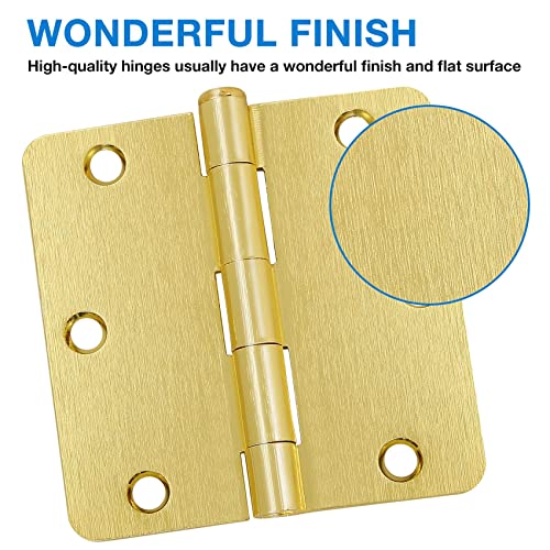 Door Hinges Satin Brass 3.5 Inch X 3.5" Interior Gold Door Hinges For Doors 12 Pack Brushed Brass Door Hinges 3-1/2" Round 1/4"Radius Corners Bedroom Residential Standard Indoor Door Hardware Hinge #TOP2