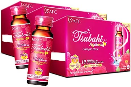 AFC Japan Tsubaki Ageless Beauty Collagen Drink from Japan with 10,000mg Marine Collagen Peptides + 500mg Royal Jelly + Hyaluronic Acid + Vitamin Bs & C for Skin Revitalization (1.69fl.ozx10sx3)