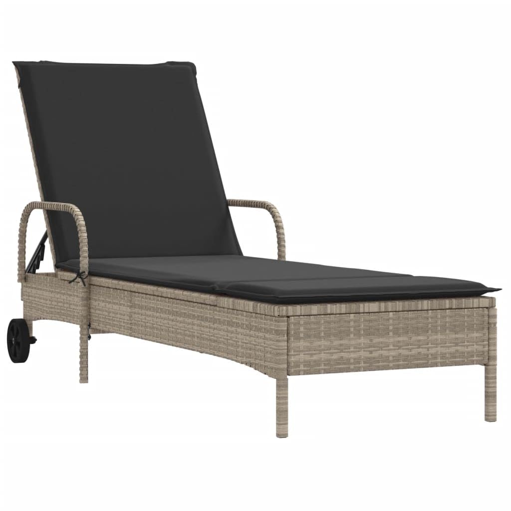 Lettino Prendisole con Ruote e Cuscino Polyrattan Grigio Chiaro Letto Relax da Giardino con Schienale Regolabile 3 Posizioni, Sdraio da Esterno con Ruote, Resistente ai Sfoderabile Lavabile 110kg