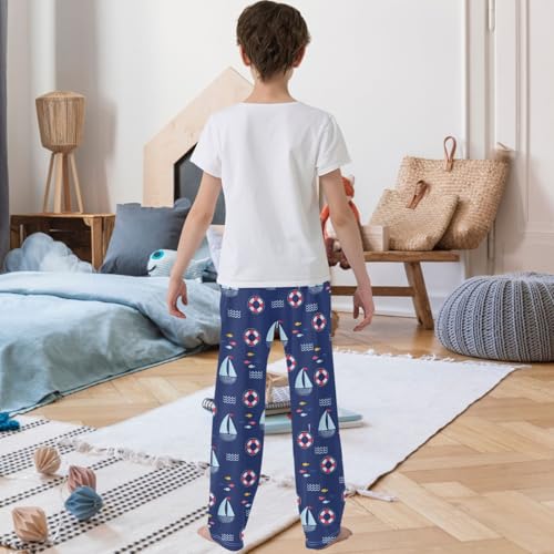 Boy's Pj Pants Ship Life Buoy Fish Dark Blue Lounge Bottoms Elastic Kids Sweatpants Joggers with Pockets Size 6-143