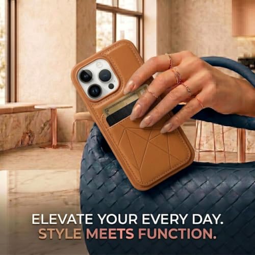 Image of amazon basics Premium Vegan Leather Back Cover with Card Holder and Integrated Mobile Stand for iPhone 15 Pro - Slim Shockproof Wallet Case with Geometric Stitching [Tan]