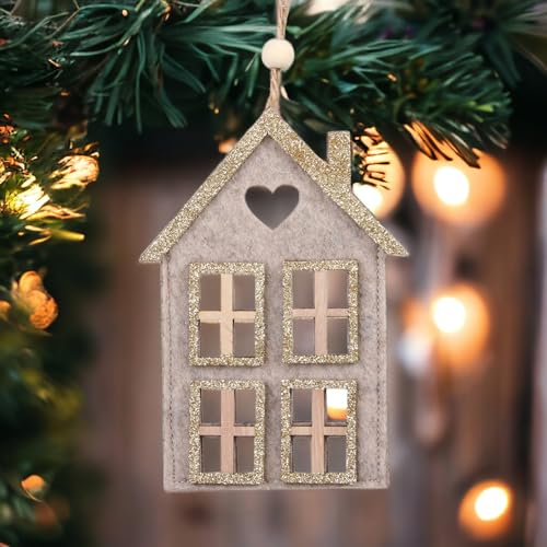 MIJOMA 4 Stück Set Weihnachtliche Filzanhänger, Wunderschön als Christbaumschmuck, für Adventsgesteck, Filz mit Holzelementen & Glitzer verziert, Schlaufe zum Anhängen (Haus 4 Fenster - beige)