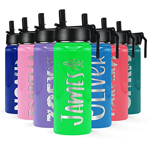 Personalized Kids Water Bottle With Straw Lid On Neon Green Gloss For School Engraved Custom Children Name 18 Oz Modern Insulated Stainless Steel #TOP14