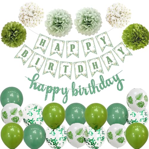 Ohighing Happy Birthday Eucalipto Salvia Verde Bianco Compleanno Festa di Compleanno Set Decorazione: Ghirlanda, Striscione, 6 Pompon, 16 Palloncini