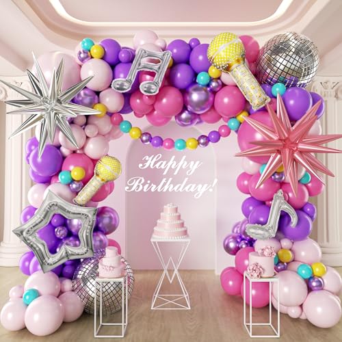 Image of 171Pcs Songster Birthday Decoration - Pink and Purple Balloon Arch Kit Hollow Star, Microphone, Disco Mylar Balloon Garland Kit for Music Fans Popular Singer Birthday Princess Party Decorations