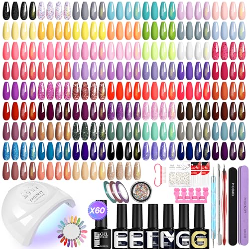 Phoenixy 60 Colores Kit Uñas Semipermanentes, Esmaltes Semipermanentes para Uñas con Lampara Uñas Semipermanentes 48W, Kit Uñas con Base y Top con Brillo, Brillo Dorado, Mate, Brilliant