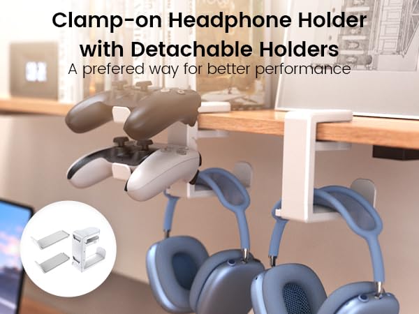 Image of 3in1 Rotating Headphone Holder - EURPMASK 3in1 PC Gaming Headset Holder w /Detachable Controller Holder, Adjustable Clamp-on Headset Stand,Headphone Hanger Hook Under Desk w /Cable Clip Organizer