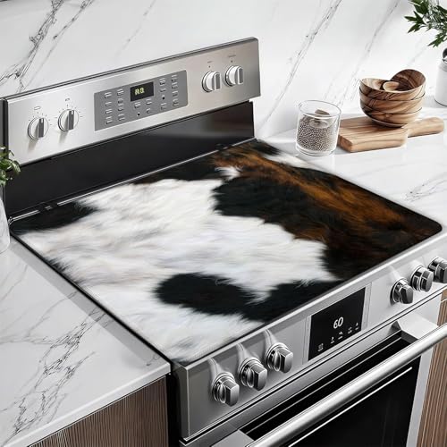 Image of Brown Cowhide Stove Top Covers for Electric Stove, Cow Skin Electric Gas Stove Pad Heat Resistant Range Cooktop Protector for Home Decor Kitchen 28 inchx20 inch