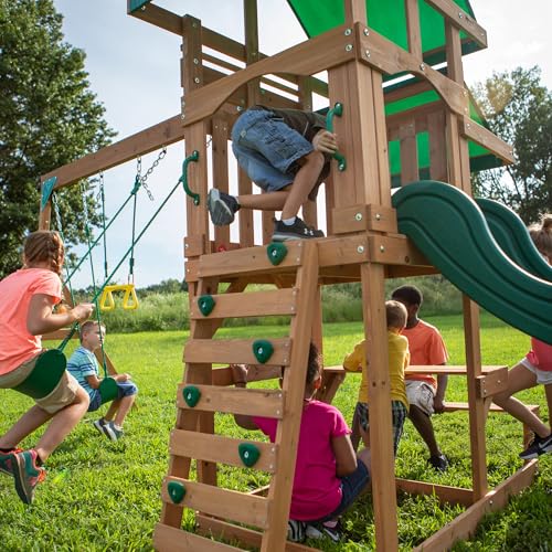Backyard Discovery Belmont Cedar Wood Swing Set with Wave Slide, Play Deck, Rock Wall Ladder, Snack Bar Window, Shaded Picnic Area, Bench, Belt Swings, Trapeze, Sandbox Area, Canopy, Outdoor Playset - image 7