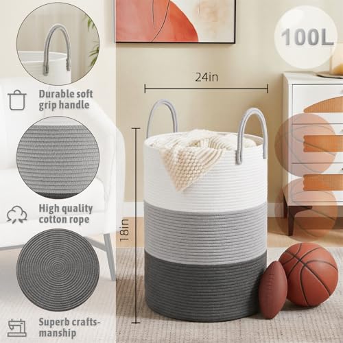 Image of Artfeel Laundry Basket,Woven Cotton Rope Laundry Hamper,100L for Decorative Storage of Dirty Clothes,Toys and Blankets in Bathroom,Bedroom and Living Room