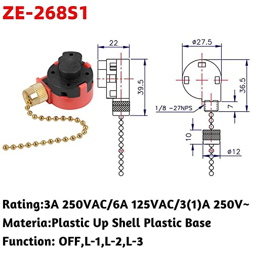 Image of 3 Speed Ceiling Fan Control Switch, 4 Wire Pull Chain Switch ZE-268S1 Replacement Fans Accessories Switch Appliances Compatible with Hunter Ceiling Fan Lights (Brass Pull Chain)