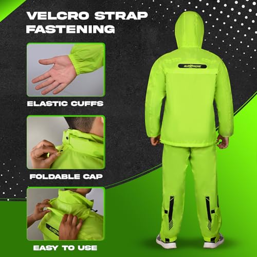 Image of Allextreme Waterproof Riding Jacket Rain Cover Set with Pant & Hood | Lightweight Adjustable Raincoat Top & Bottom Suit for Bike Riders Men & Women | Durable Windproof Rainwear (S, Neon Green)