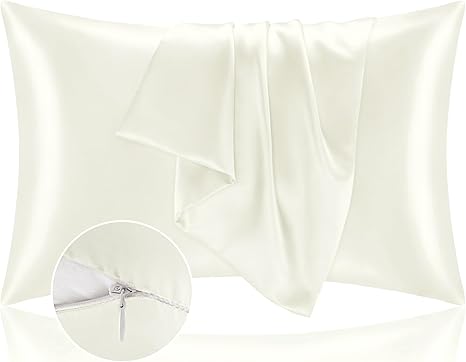 BEDELITE Satin Pillowcase with Zipper, Ivory King Size Pillow Cases Set of 2, Super Soft and Cooling Similar to Silk Pillow Cases, Gift for Women Men(20x36 Inches)