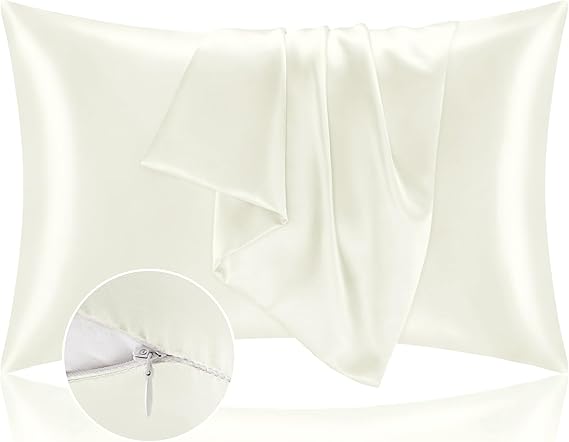 BEDELITE Satin Pillowcase with Zipper, Ivory King Size Pillow Cases Set of 2, Super Soft and Cooling Similar to Silk Pillow Cases, Gift for Women Men(20x36 Inches)