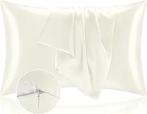 BEDELITE Satin Pillowcase with Zipper, Ivory King Size Pillow Cases Set of 2, Super Soft and Cooling Similar to Silk Pillow Cases, Gift for Women Men(20x36 Inches)