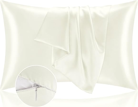 BEDELITE Satin Pillowcase with Zipper, Ivory King Size Pillow Cases Set of 2, Super Soft and Cooling Similar to Silk Pillow Cases, Gift for Women Men(20x36 Inches)